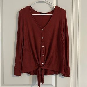 Waffle knit long sleeve button down with tie bottom